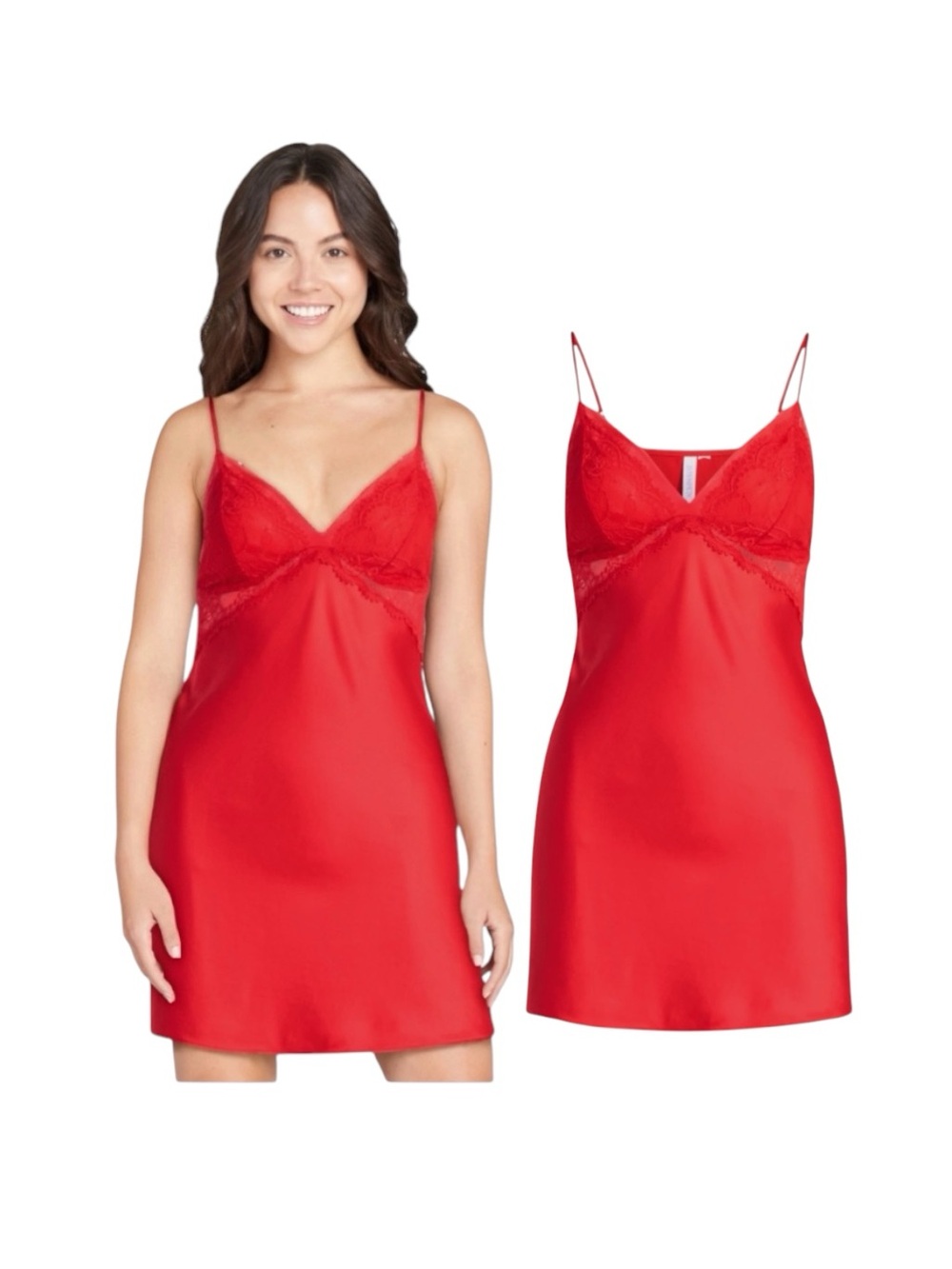 Joyspun Satin Lace-Trim V-Neck Chemise in Red